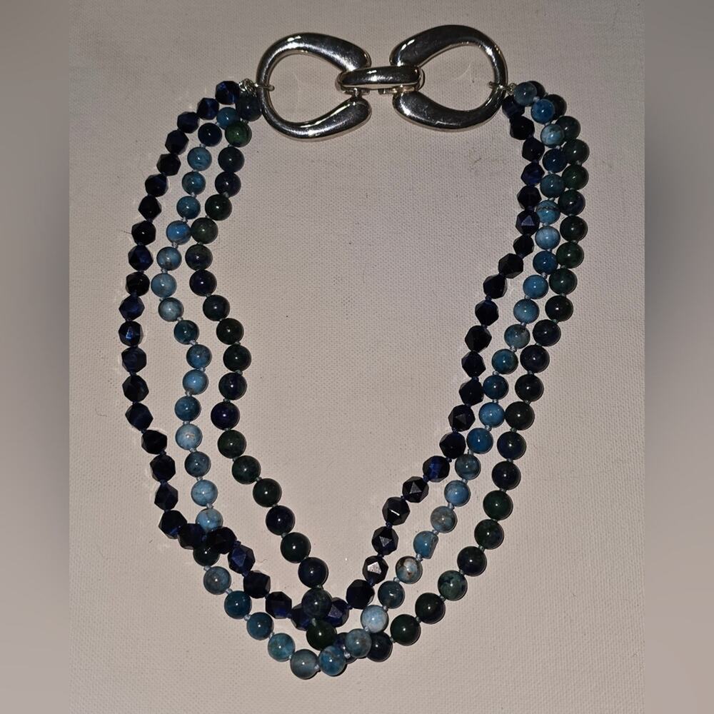 Blue Agate Beaded‎ layered Multi Necklace with Sterling Silver Horseshoe Clasp
